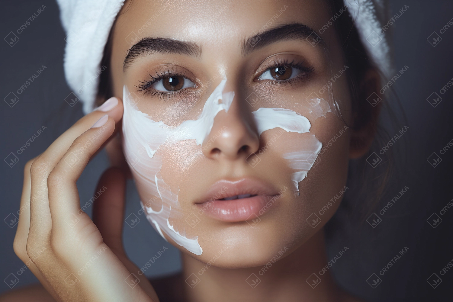 Young woman applying moisturizer cream on her face - Beauty concept