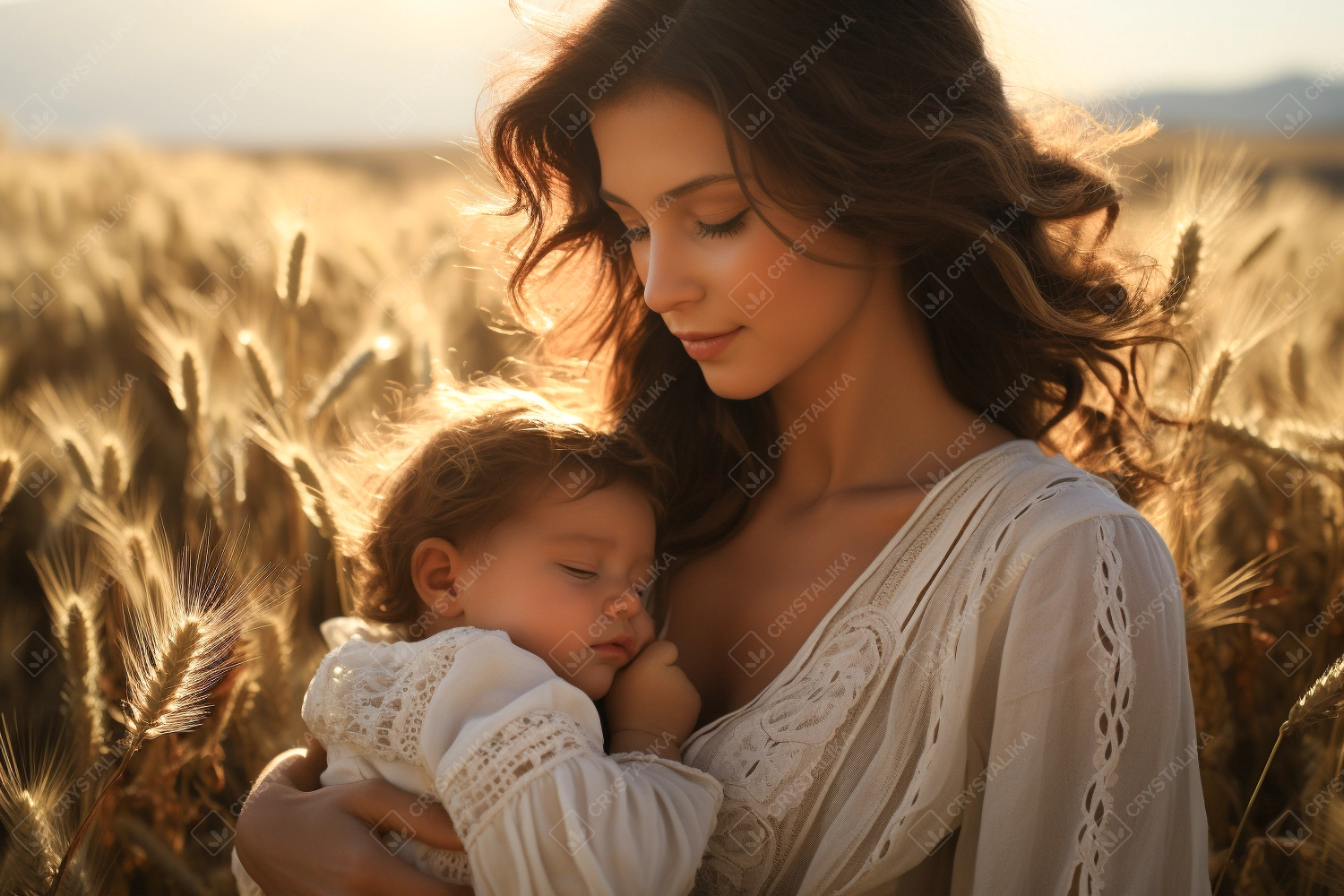 Young mother holding her baby in wheat field - Parenting concept