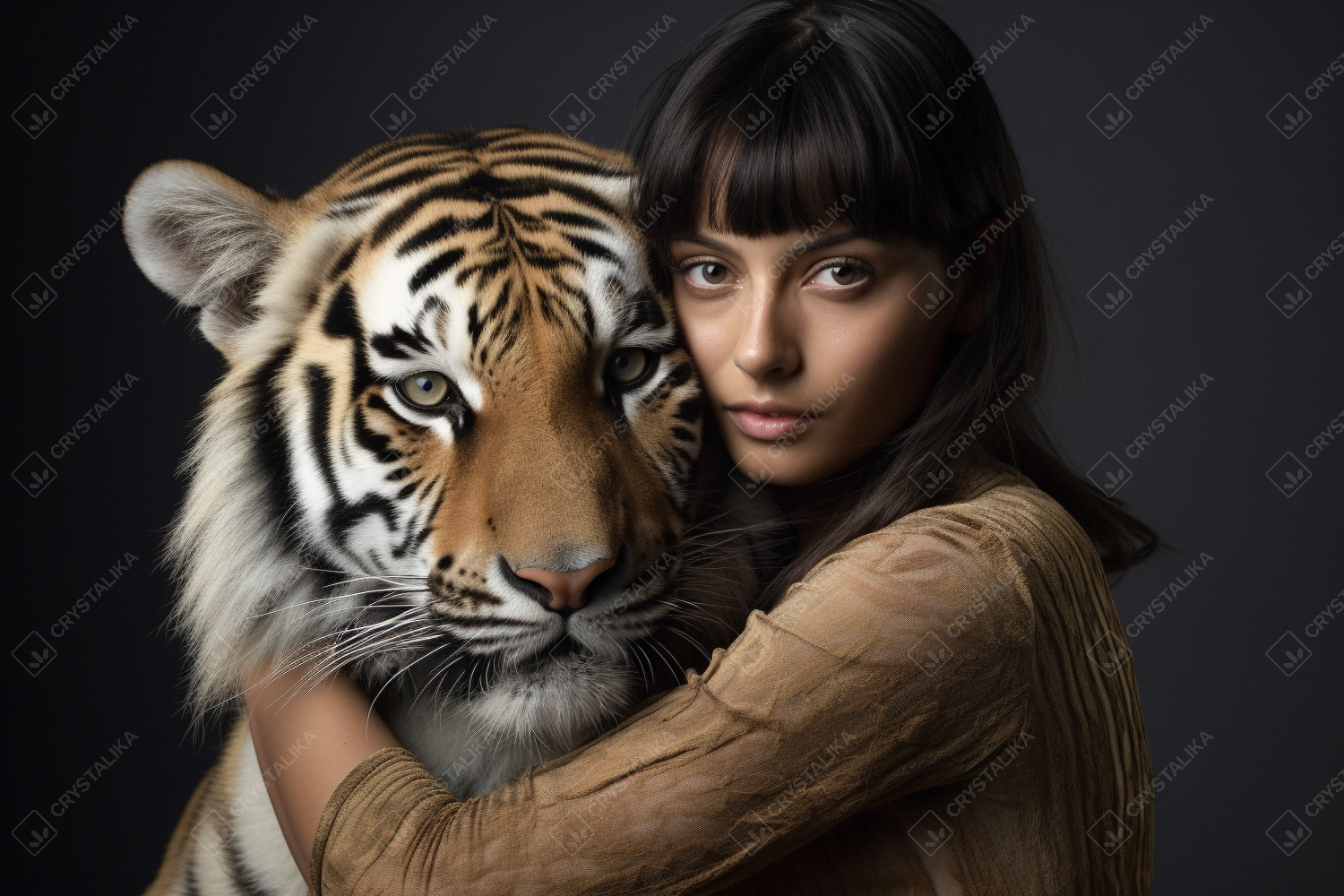 Young woman hugging tiger. Preserve endangered animal. World animal day.