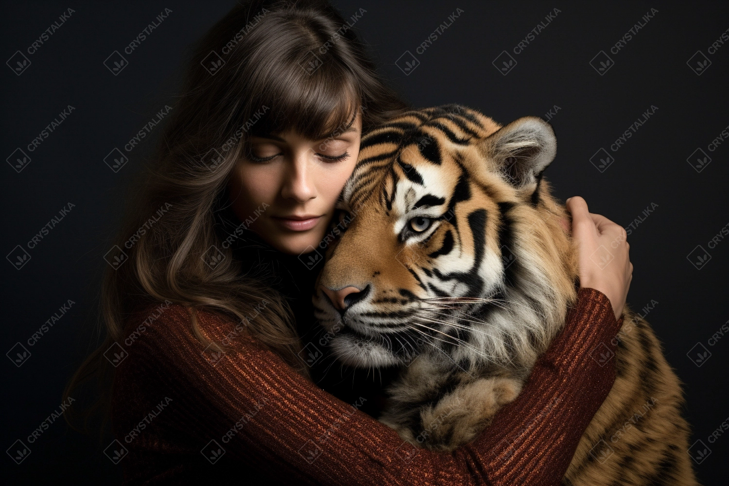 Young woman hugging tiger. Preserve endangered animal. World animal day.