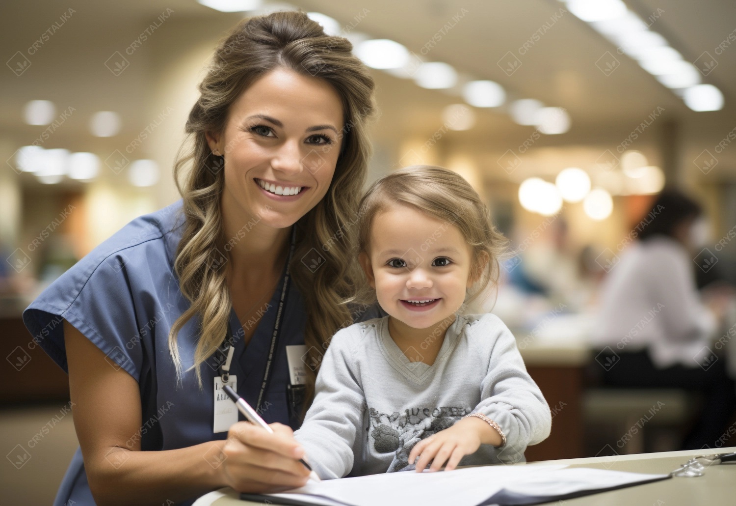 Mother holding her small daughter while filling medical paperwork at reception desk in the hospital