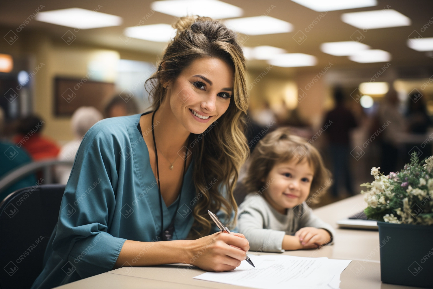 Mother with her small daughter while filling medical paperwork at reception desk in the hospital