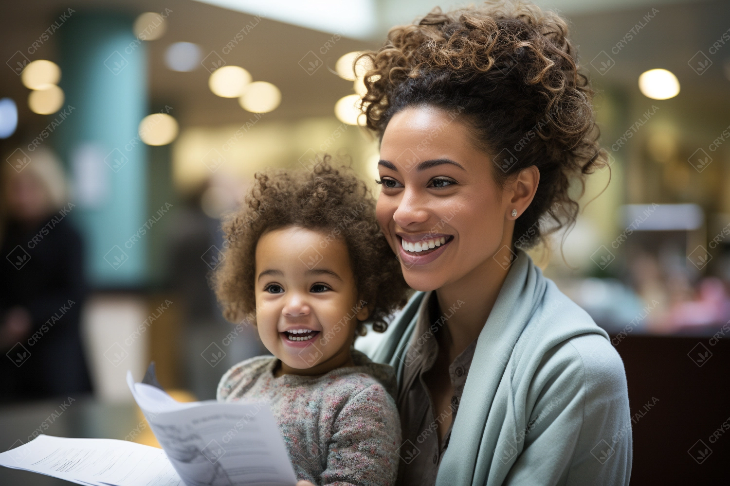 African America mother with her daughter at reception desk in the hospital