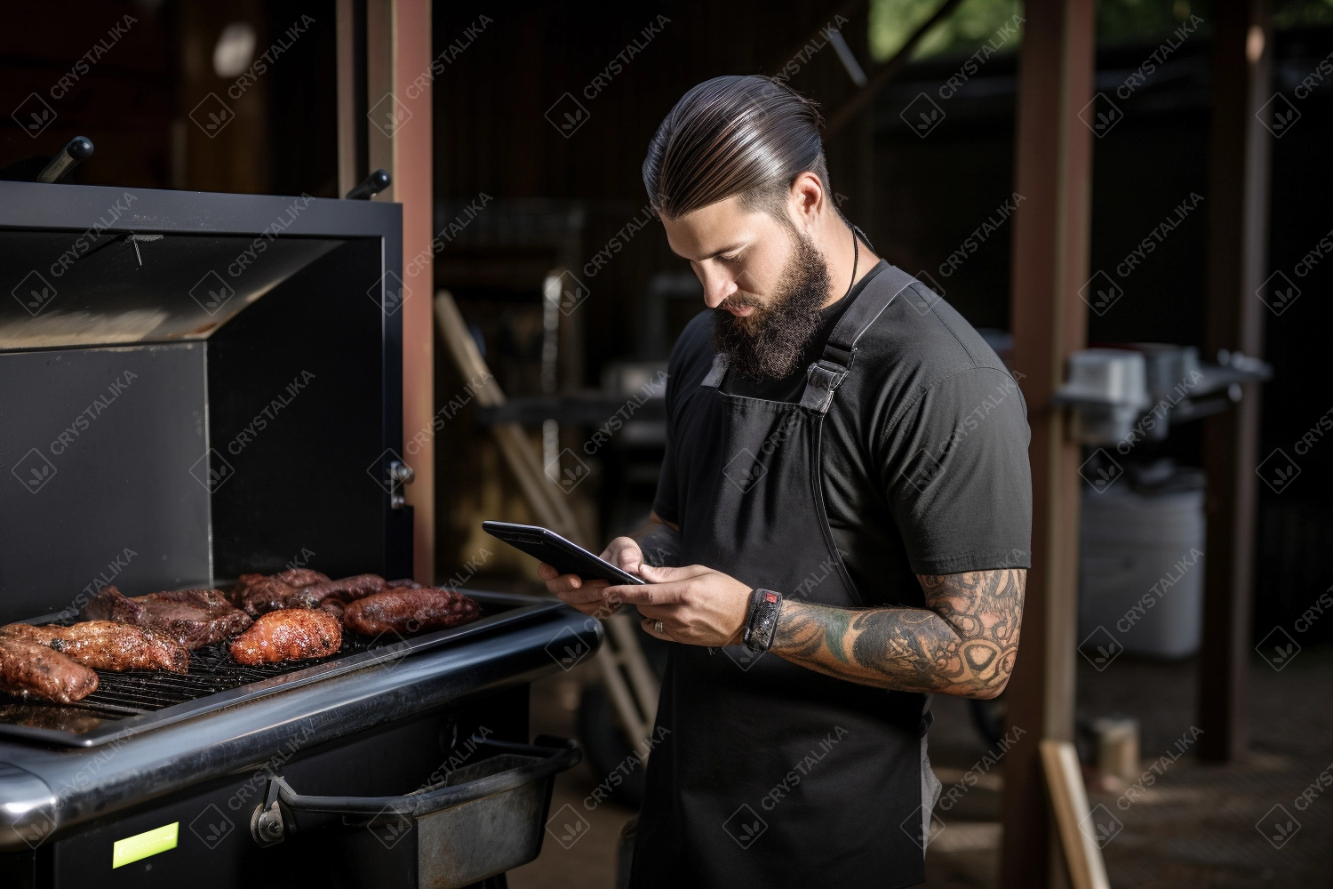 Young tattooed chef in uniform controlling grill with smartphone app - Young chef cooks on the grill