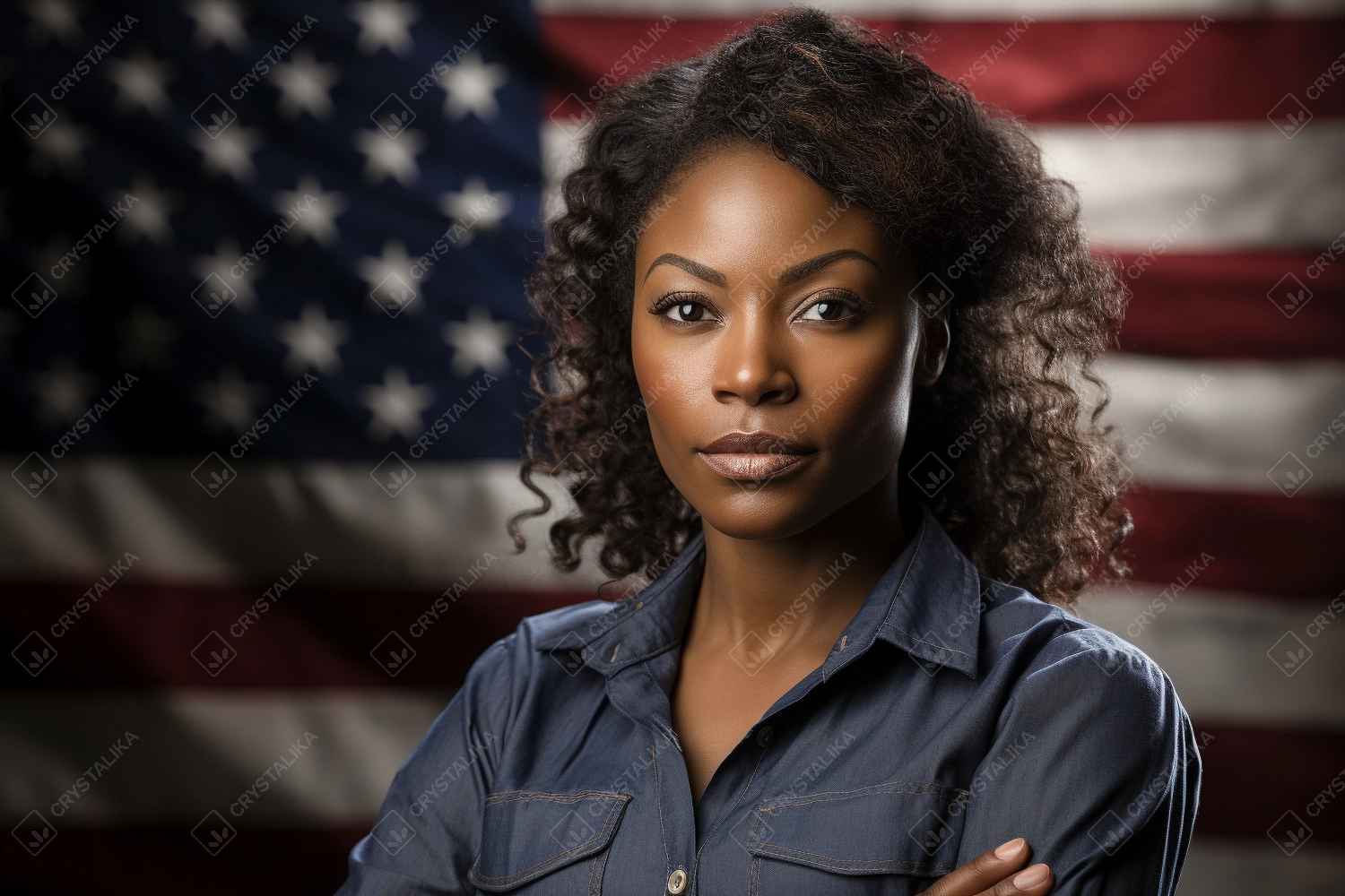 Portrait of successful confident black business woman standing against US flag - Labor Day Concept