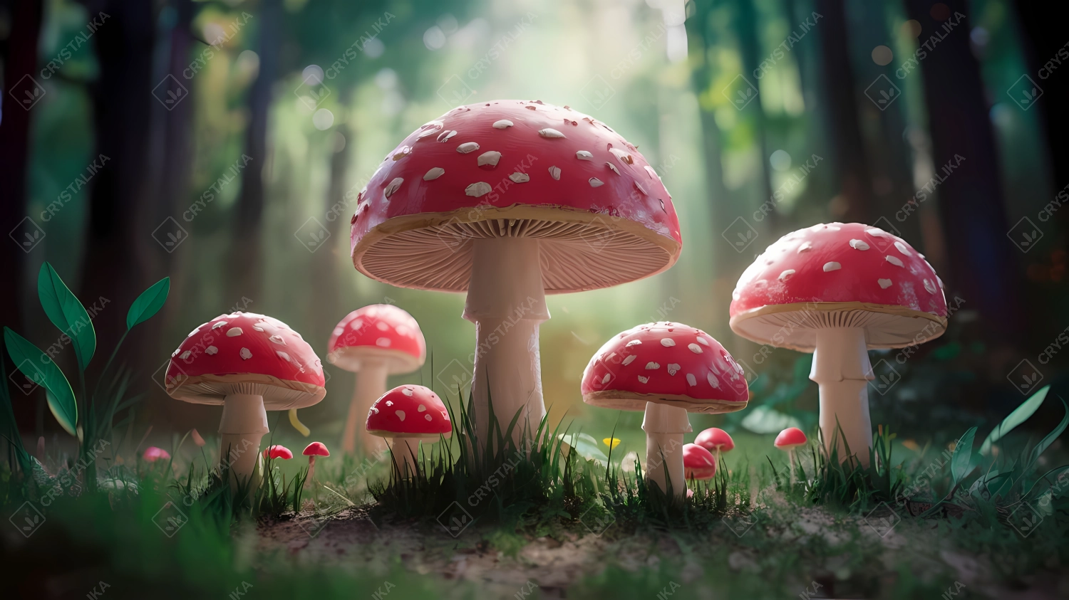 Fantasy forest with red mushrooms