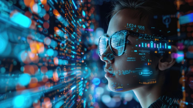 Programmer or IT person in glasses and on a 3D Screen Thinking About Data Analytics, Digital Technology, and Cyber-security. Code Hologram and Woman on Tablet Thinking About Data Analytics, Digital.