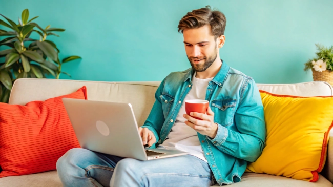 Young Man Sitting on Couch Using Laptop at Home