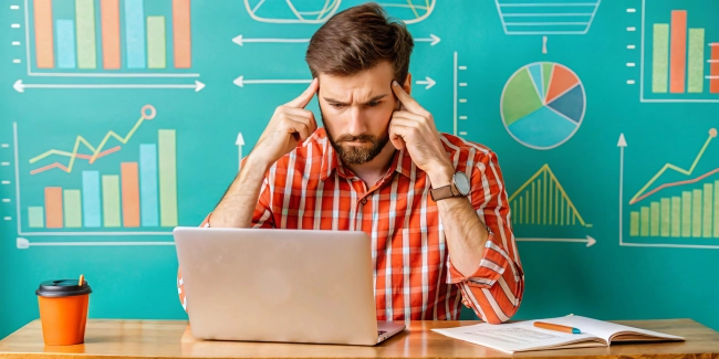 Sad Man Sitting at Desk Working on Laptop