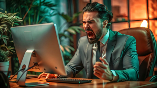 Angry Businessman in Office Working on Laptop