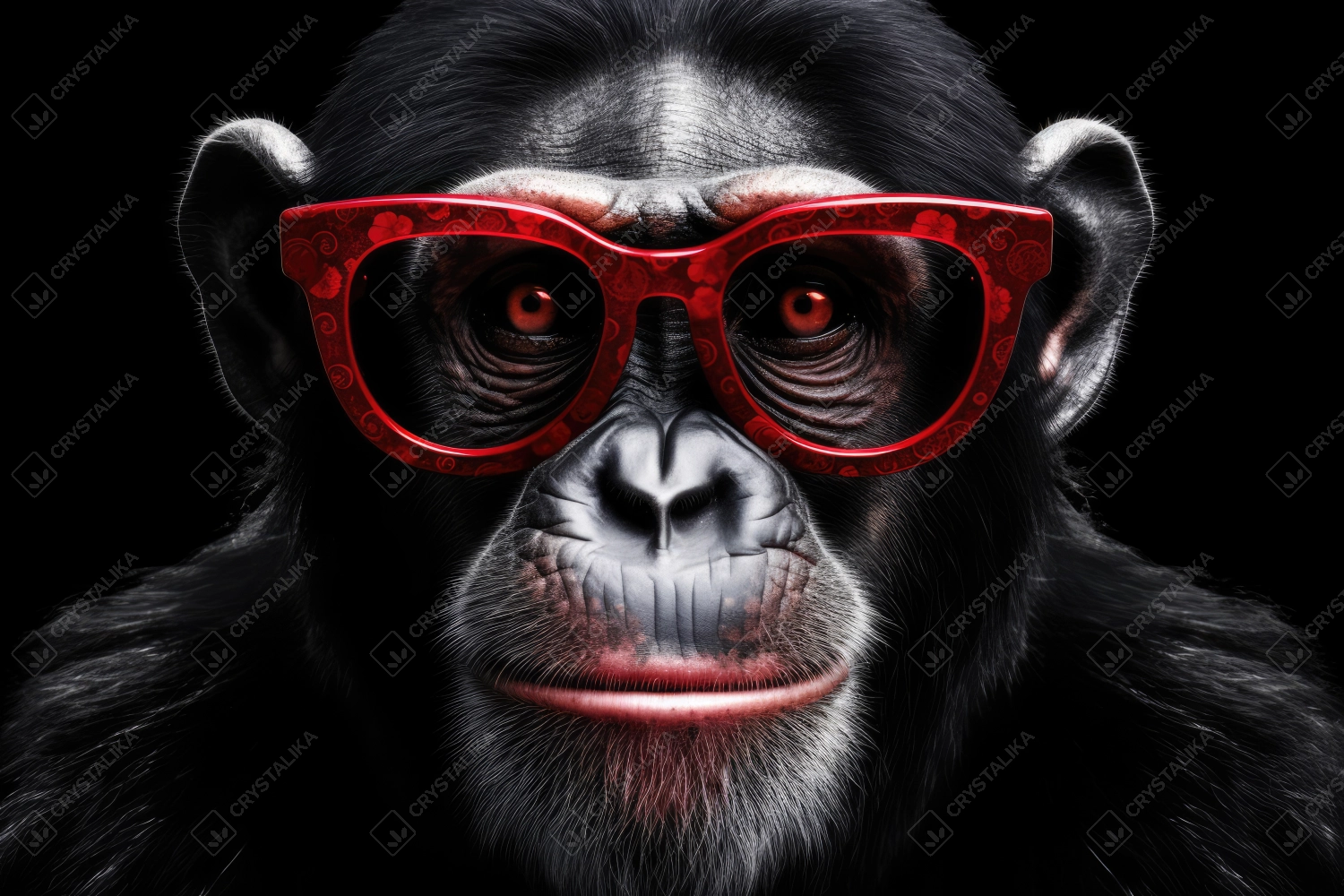 Chimpanzee portrait with red glasses