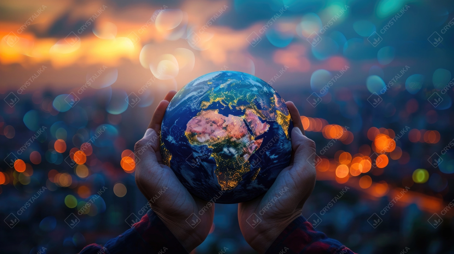 Planet Earth Held by a Man Against the Lights of the Evening City. Concept and Symbol on the Theme of Ecology and the Conservation of the Planet. 8K Photo Realistic - Generative