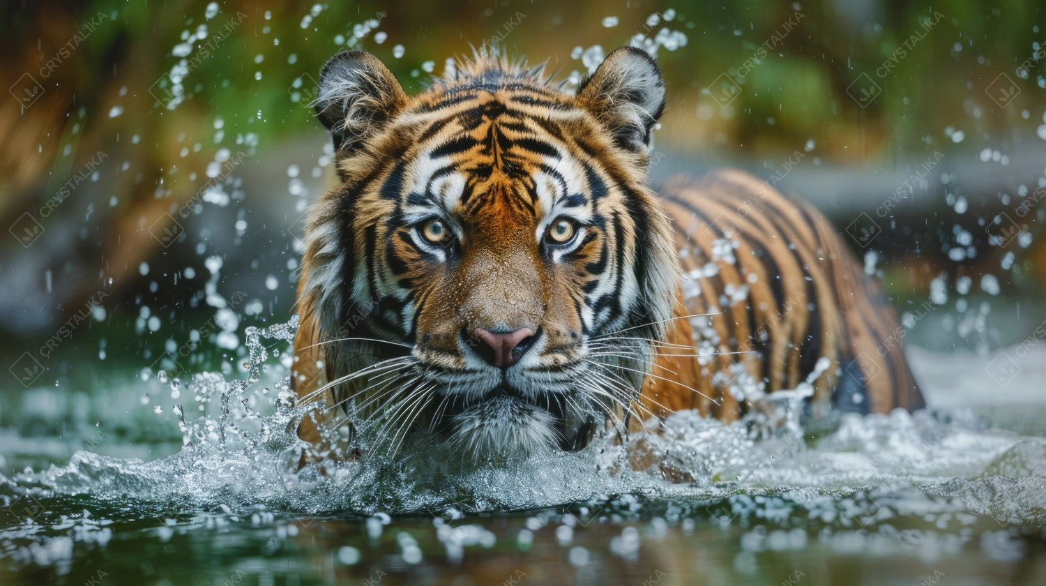 Amur Tiger Playing in The Water, Siberia. Dangerous Animal, Russia. Animal in Green Forest Stream. Siberian Tiger Splashing Water, 8K Photo - Generative AI