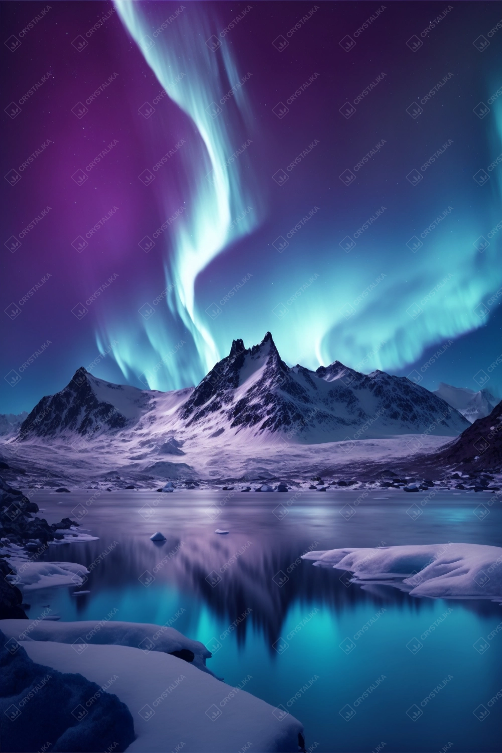 Pink and purple aurora borealis over glacier