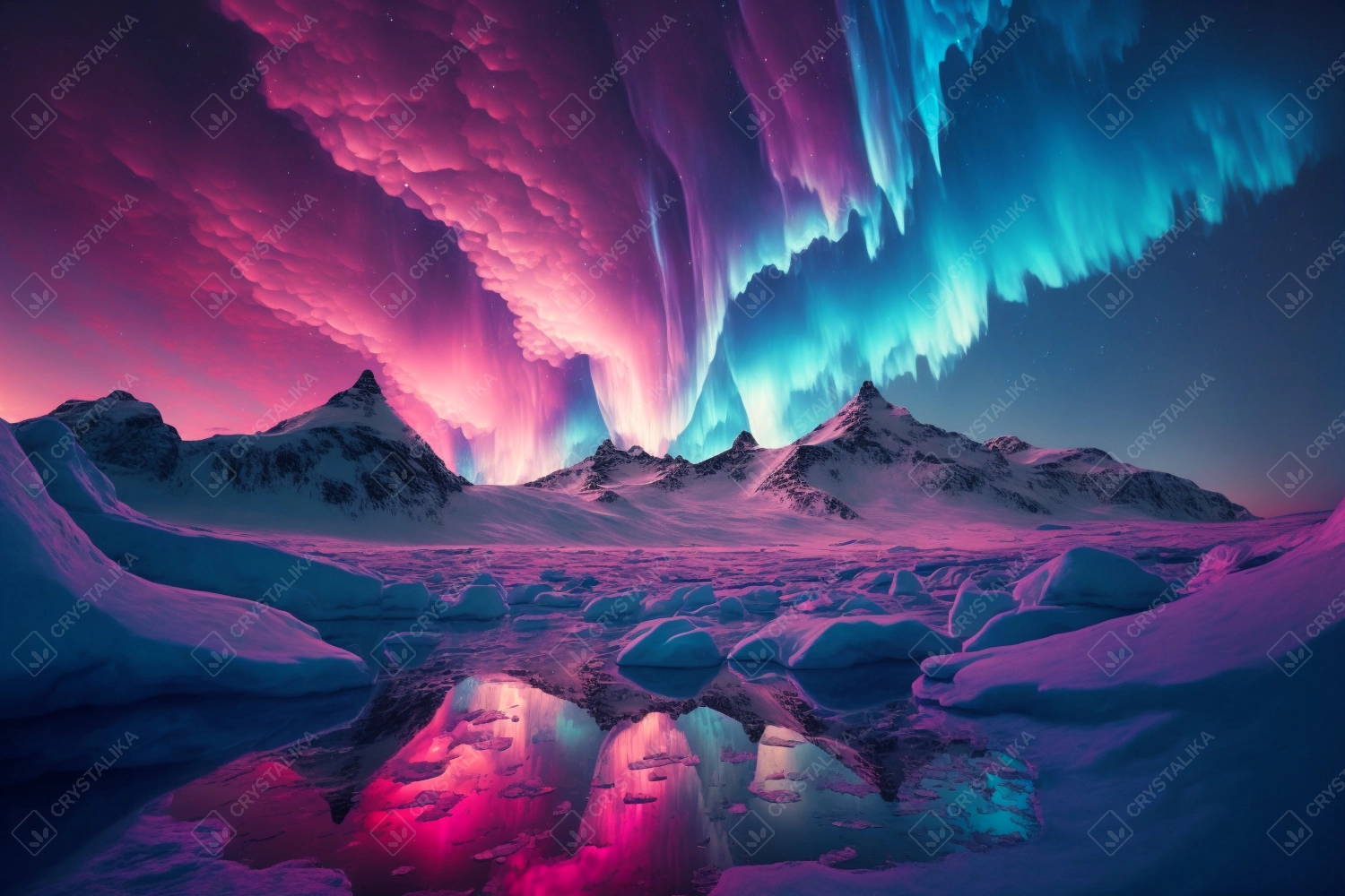 Pink and purple aurora borealis over glacier