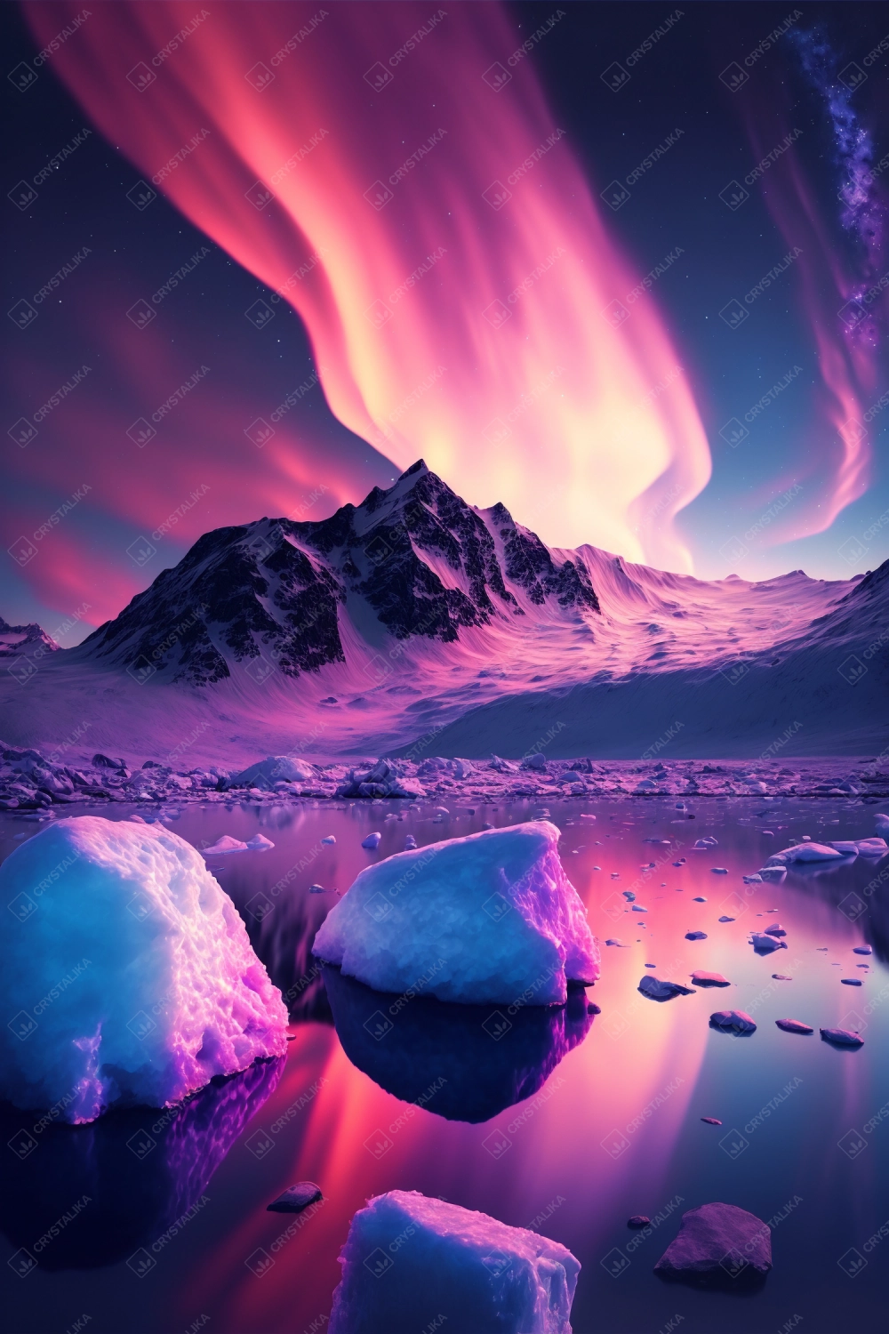 Pink and purple aurora borealis over glacier