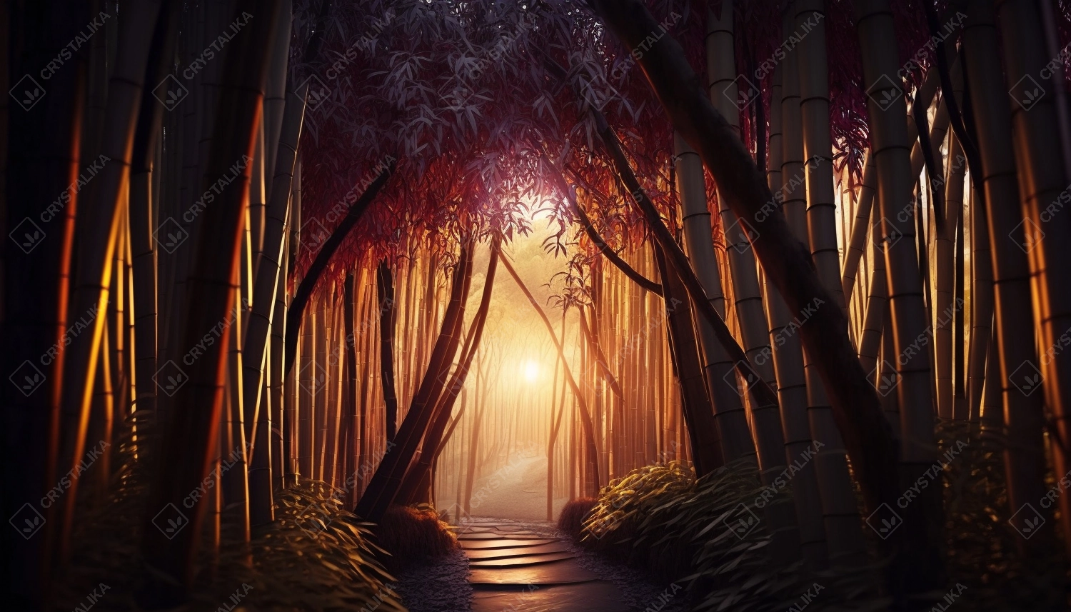 Asian bamboo forest during sunset