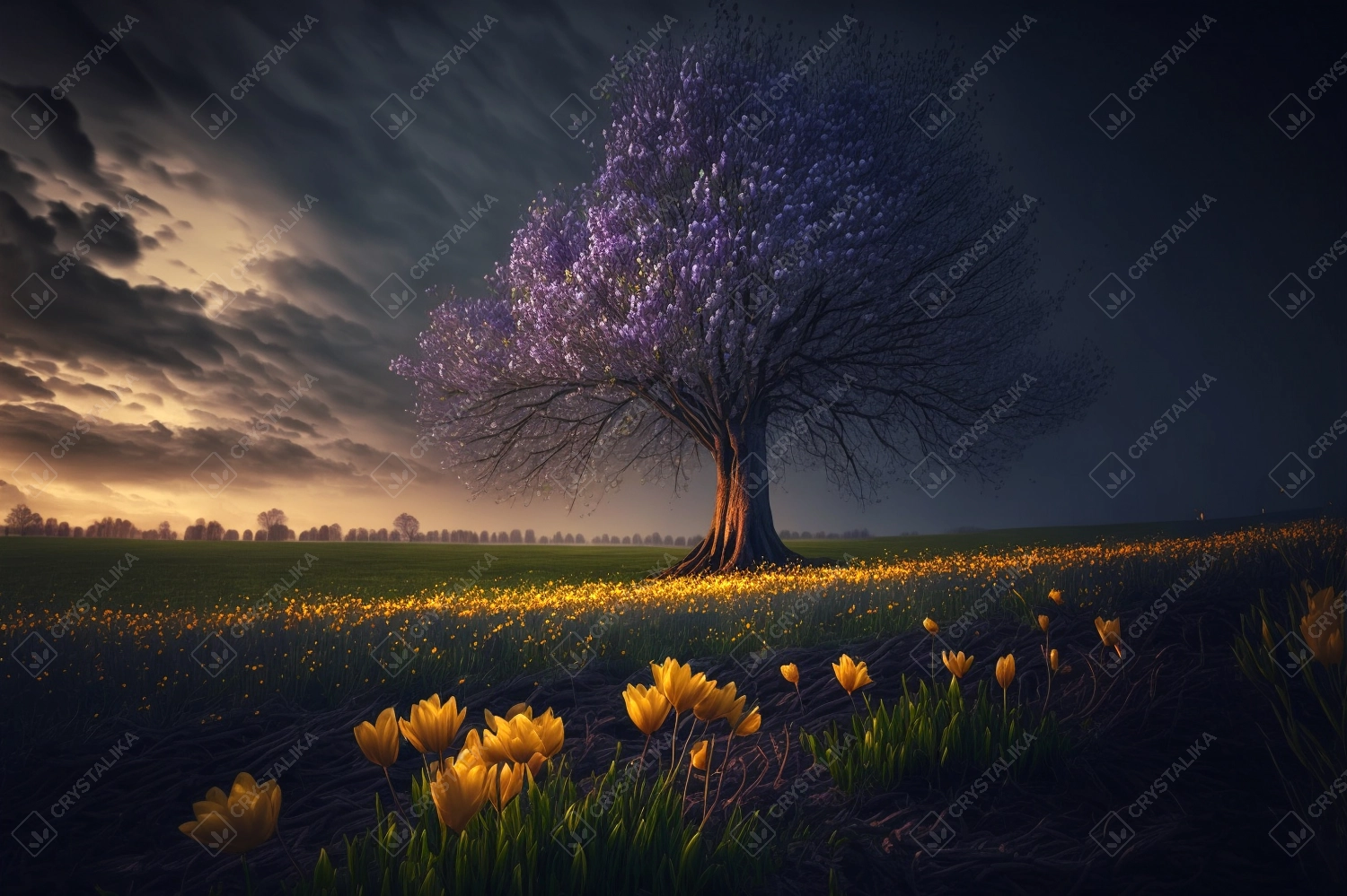 Blossoming field in dramatic scene