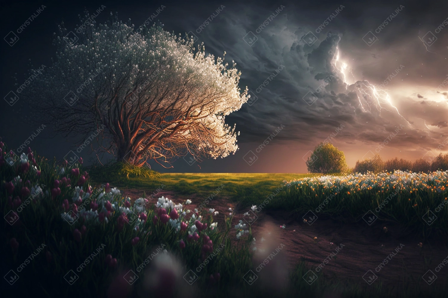 Blossoming field in dramatic scene