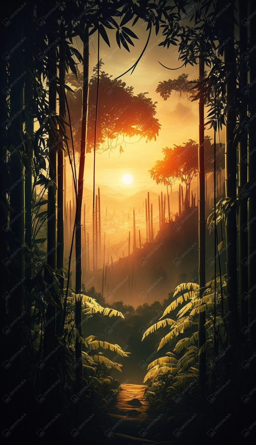 Asian bamboo forest during sunset