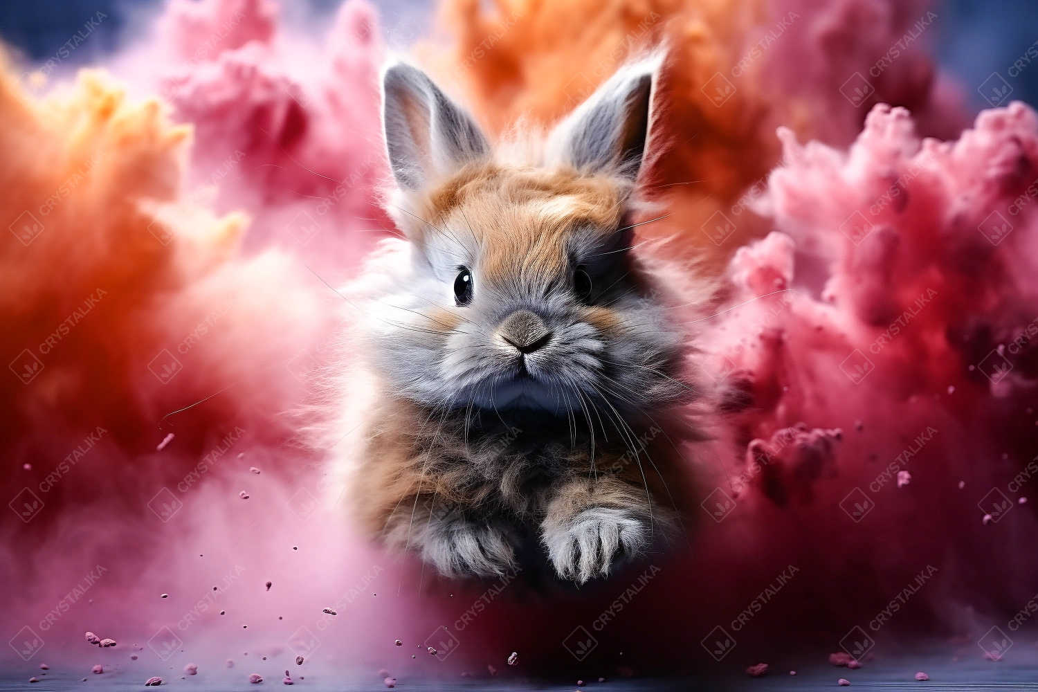 Cute bunny running trough multicolor powders explosion.