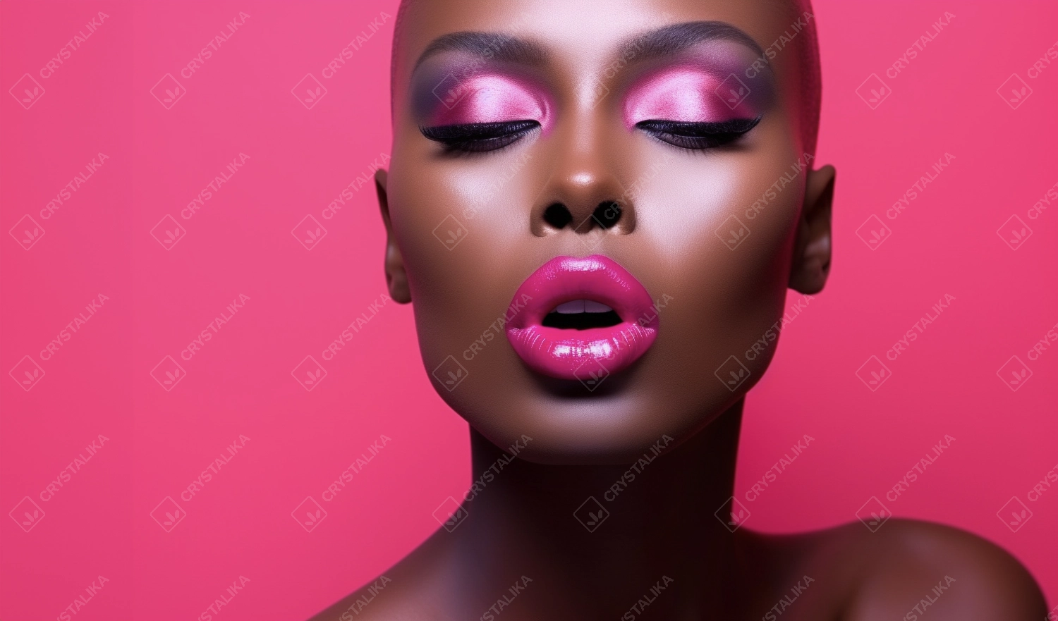 Close-up of African woman with colorful makeup. Glamour female model with vibrant makeup on solid background.