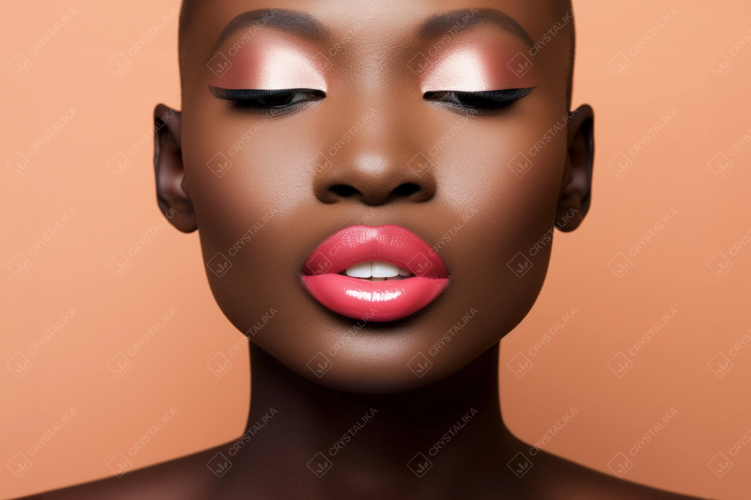 Close-up of African woman with colorful makeup. Glamour female model with vibrant makeup on solid background.