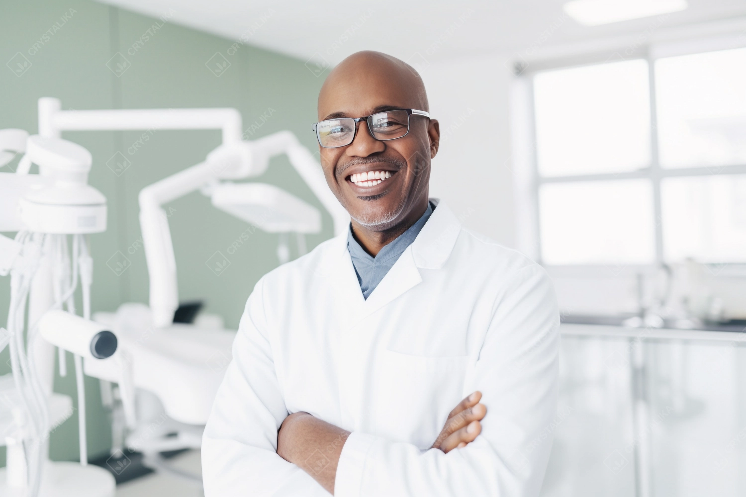 Middle age male dentist smiling while standing in dental clinic. Highly qualified doctor posing at dental clinic over modern cabinet.