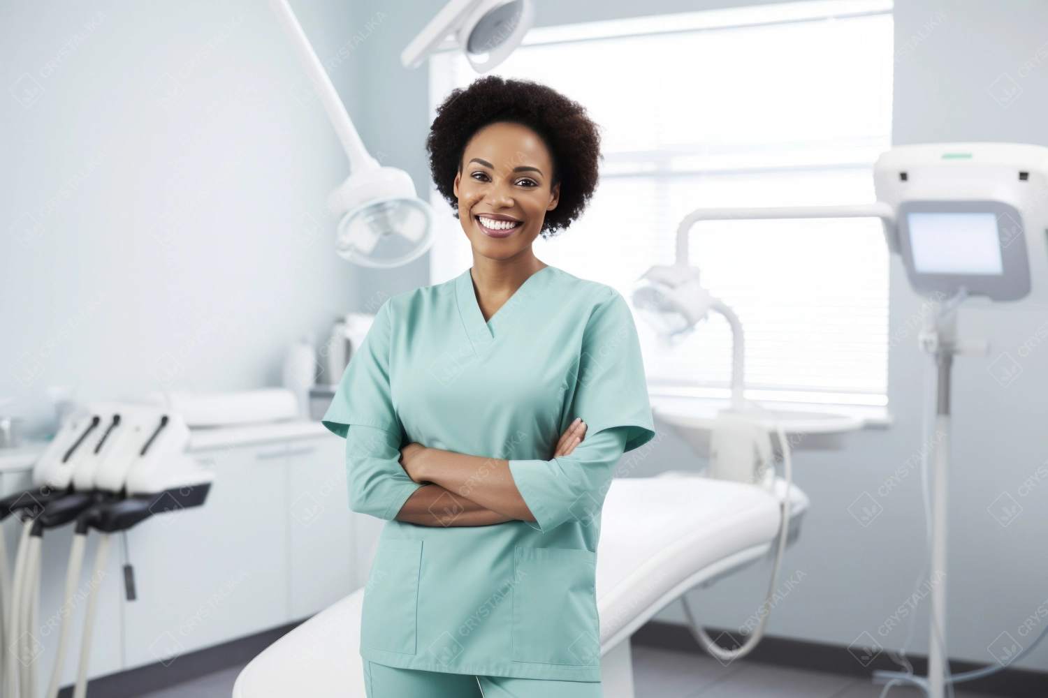 Female dentist smiling while standing in dental clinic. Highly qualified doctor posing at dental clinic over modern cabinet.