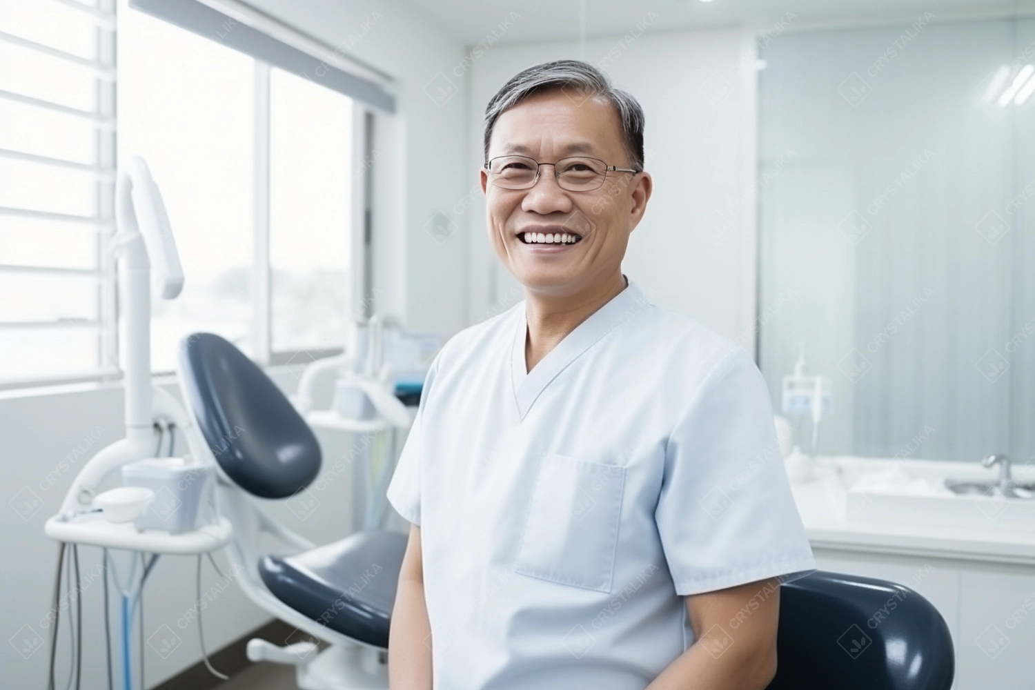 Asian middle age male dentist smiling while standing in dental clinic. Highly qualified doctor posing at dental clinic over modern cabinet.