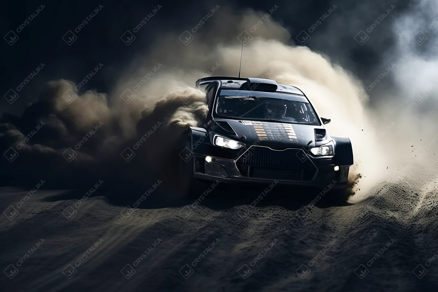 Rally racing car riding on desert sand dirt track at night.