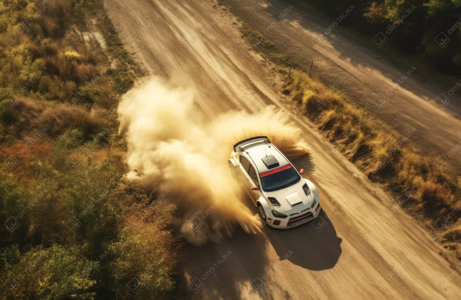 Aerial shot of rally racing car riding on dirt track on a sunny day.