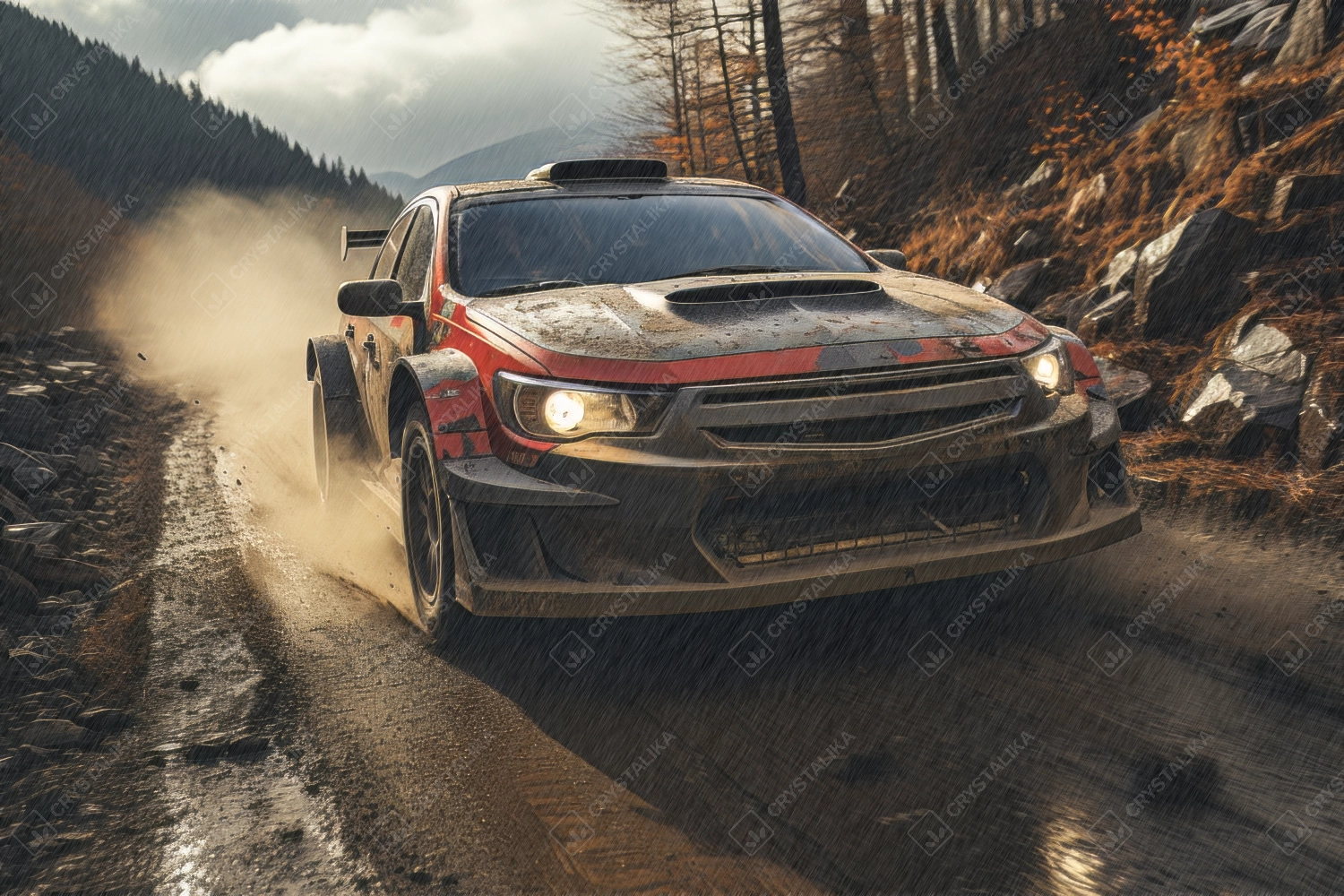 Rally racing car riding on forest dirt track on a sunny late rainy day.