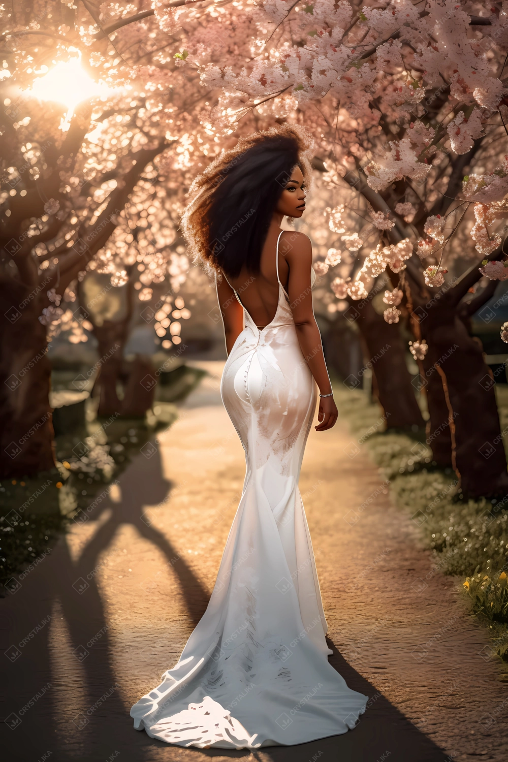 Beautiful African bride in the park of cherry trees