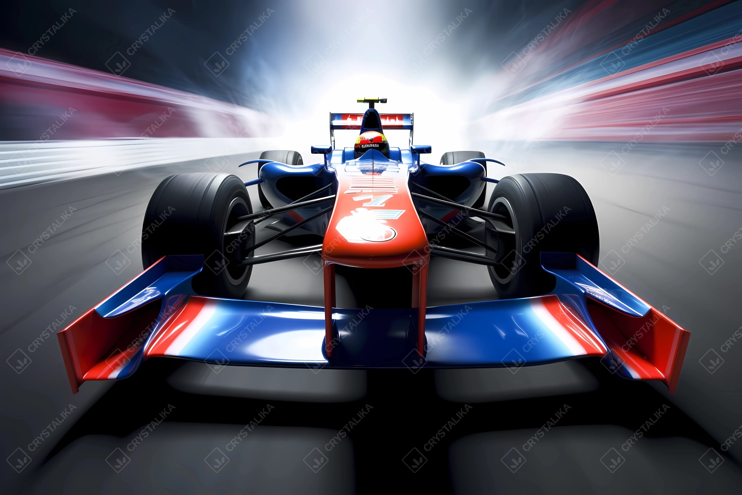 F1 car racing towards the camera, motion blur