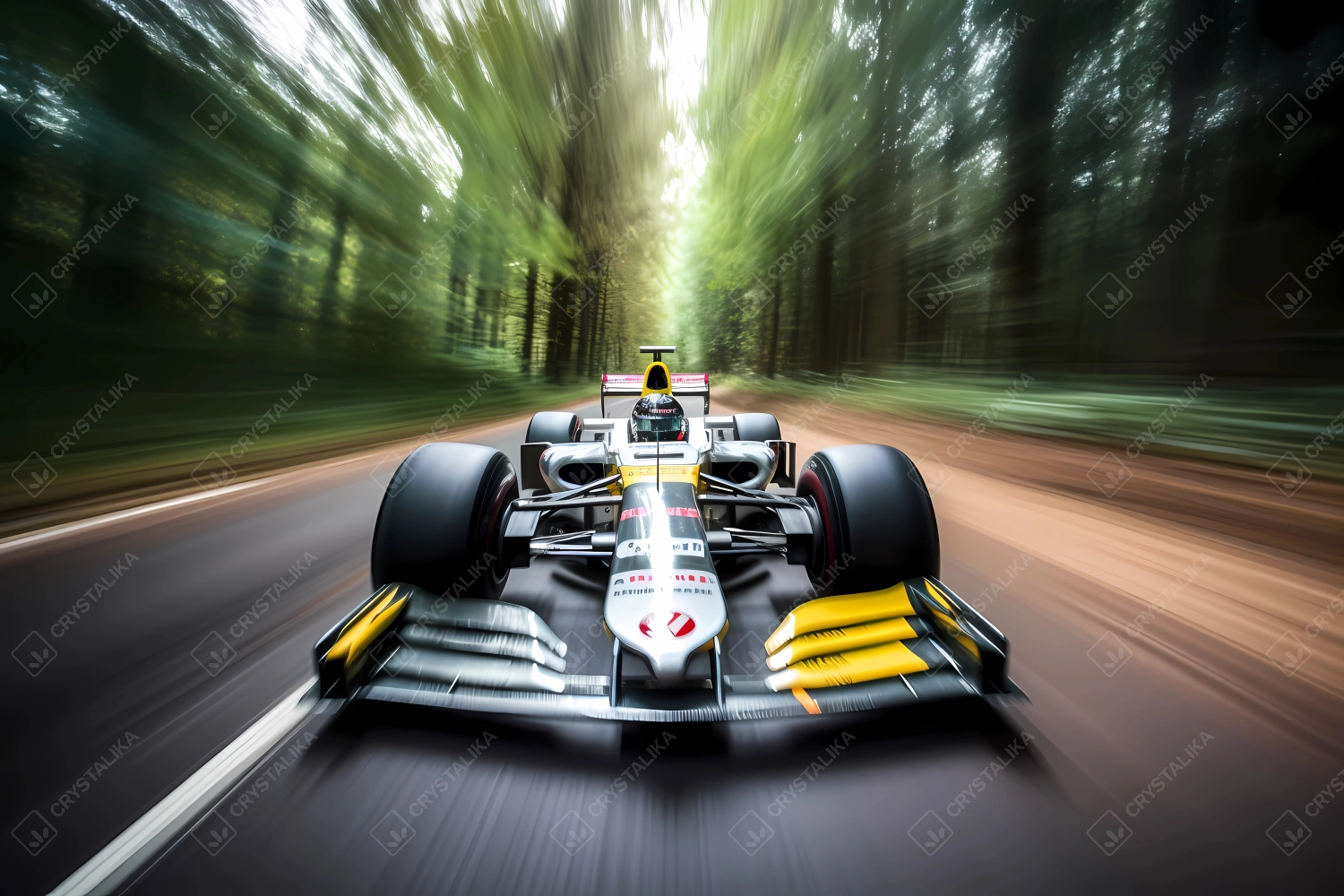 F1 car racing towards the camera, motion blur