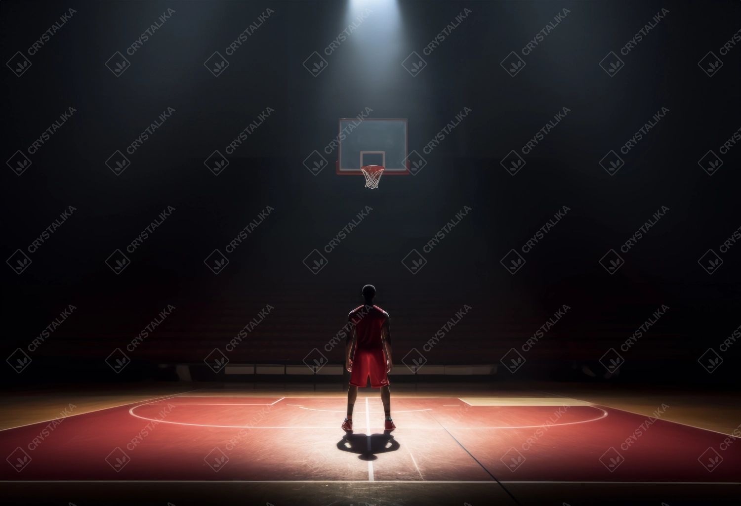 Back view of young male athlete standing in a basketball court in ray of spot light.