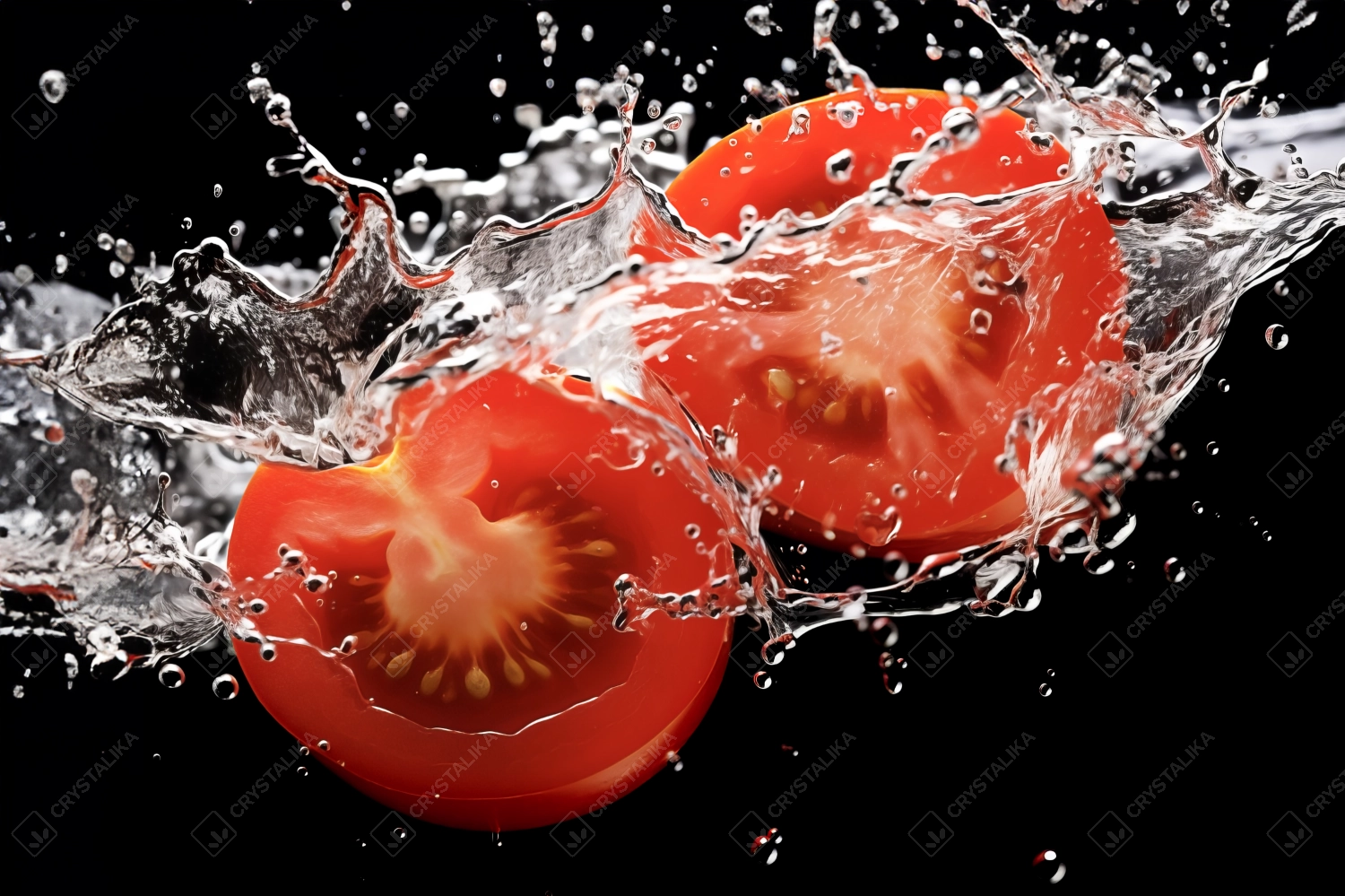 Sliced fresh tomatoes with water splashes on black background.