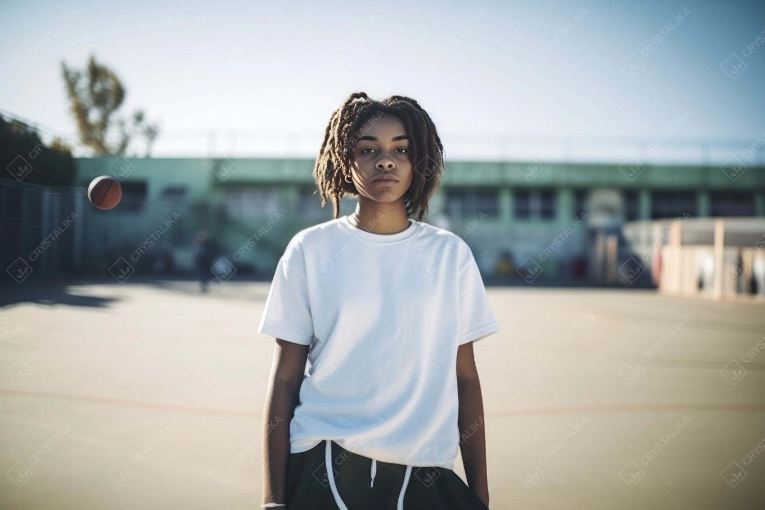 Young black female with afro hairstyle looking at camera while standing in basketball ground.