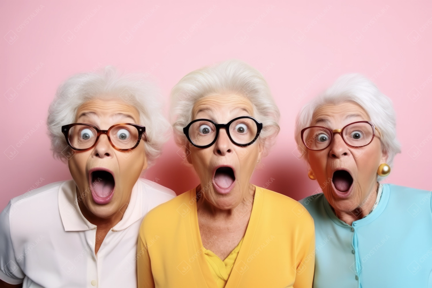 Funny portrait of three senior shocked women looking at camera keeping mouth open. Sudden incredible news reaction wow.