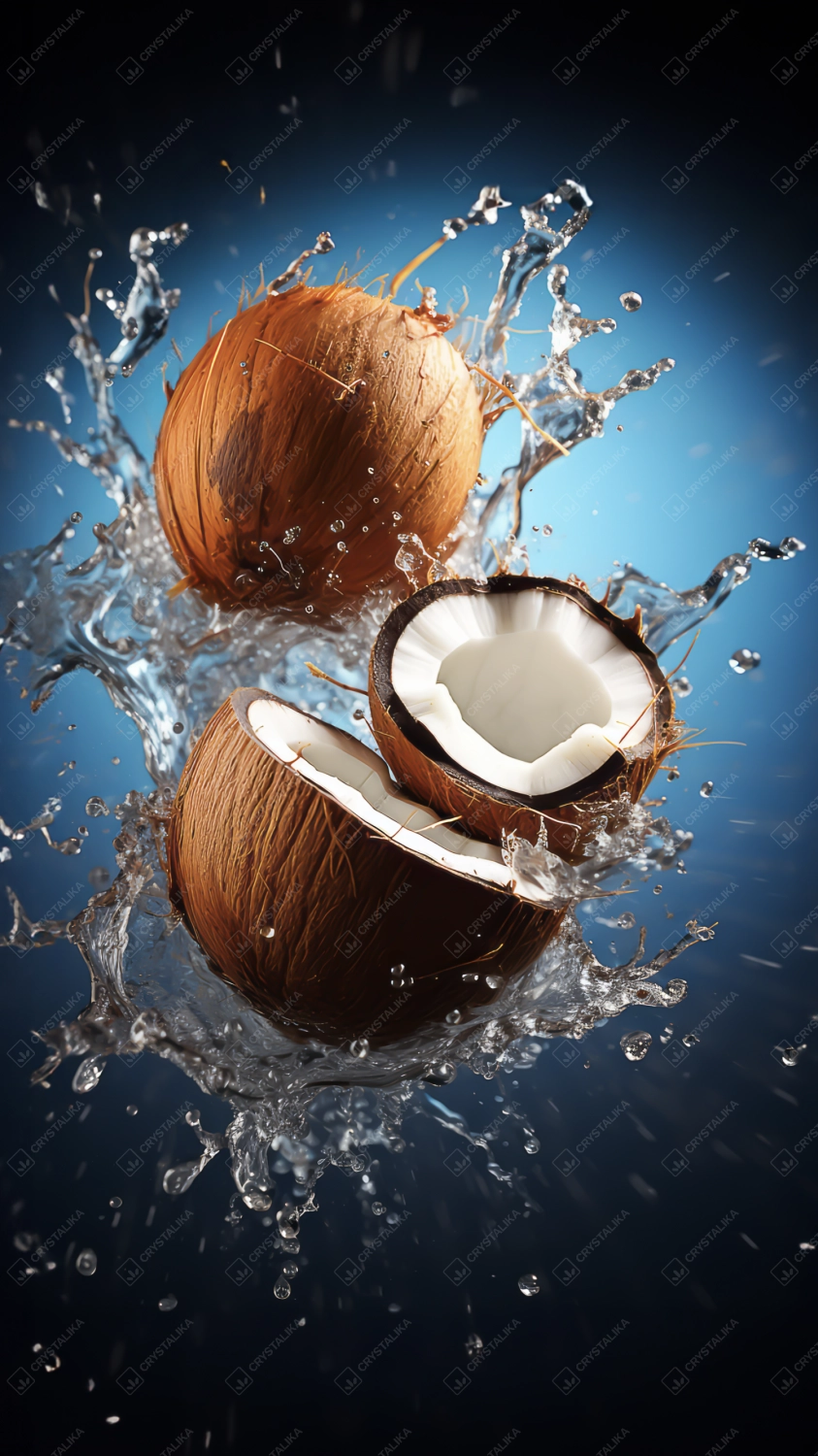 Fresh whole and cracked coconut with water splashes on dark blue background.