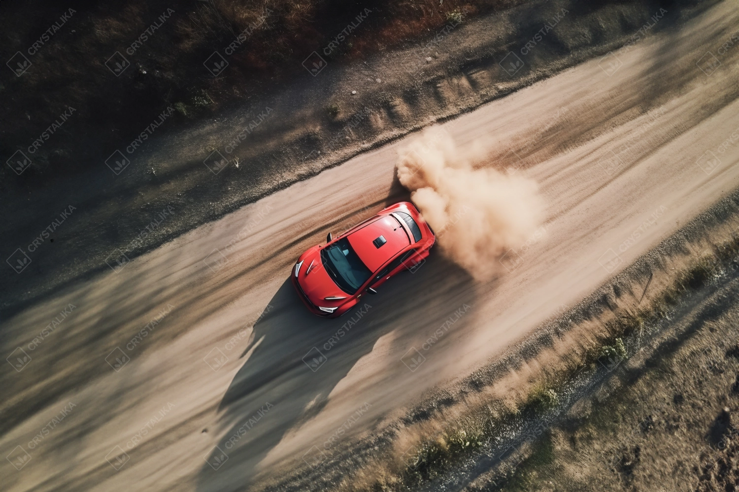 Aerial shot of red rally racing car riding on dirt track on a sunny day.