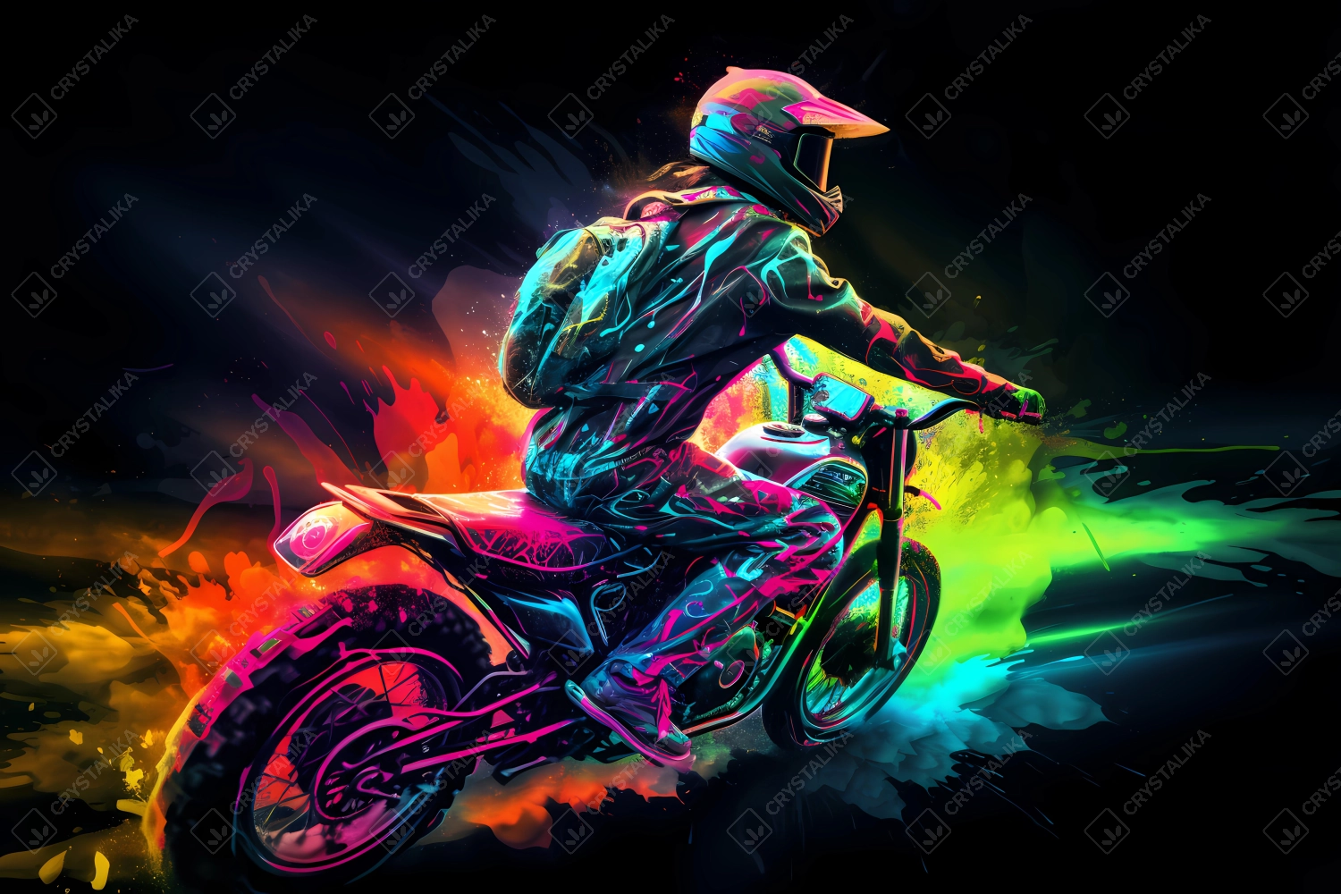 Biker driving fast in flashy vivid watercolors