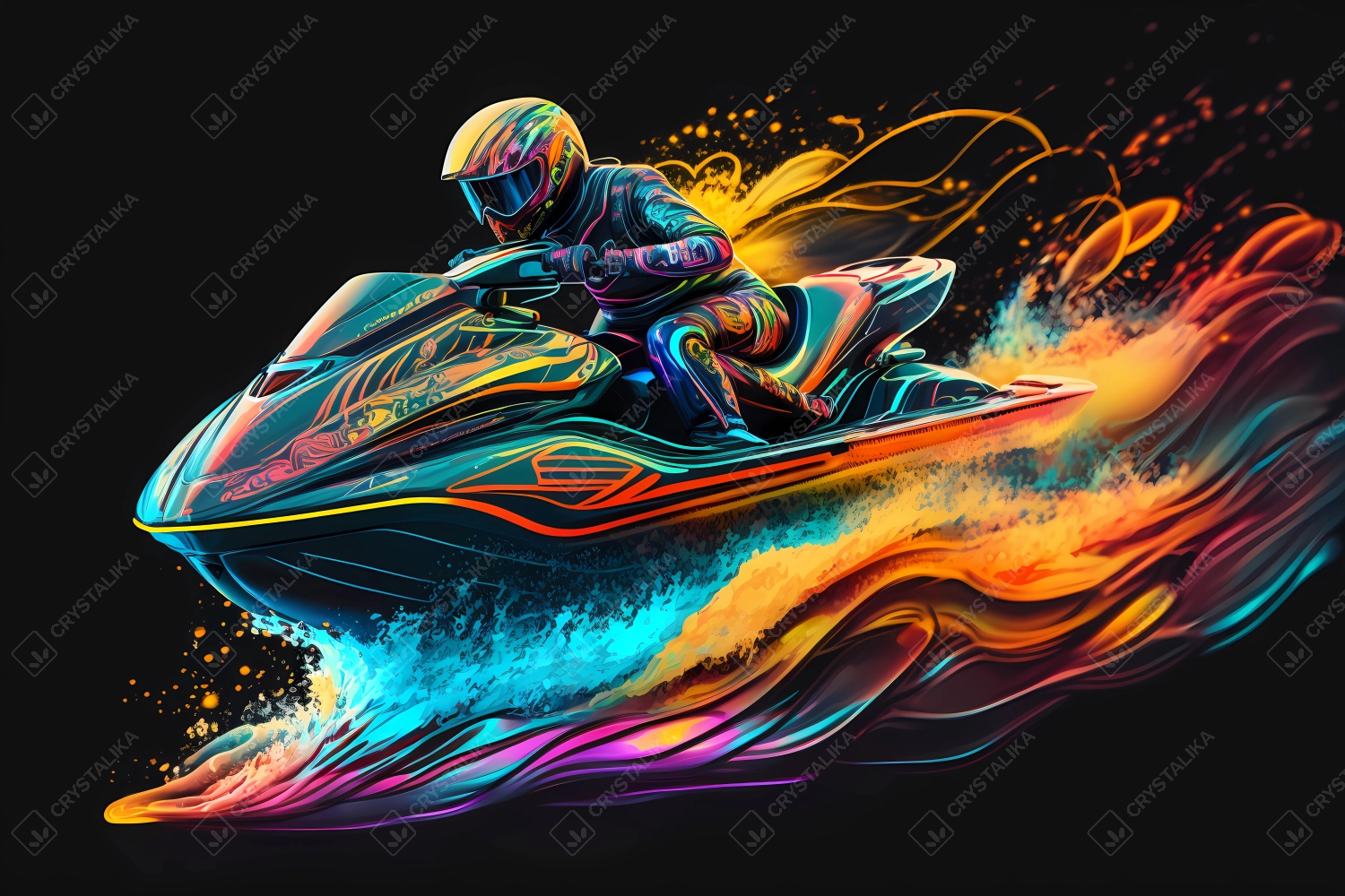 Jet ski driving fast in flashy vivid watercolors