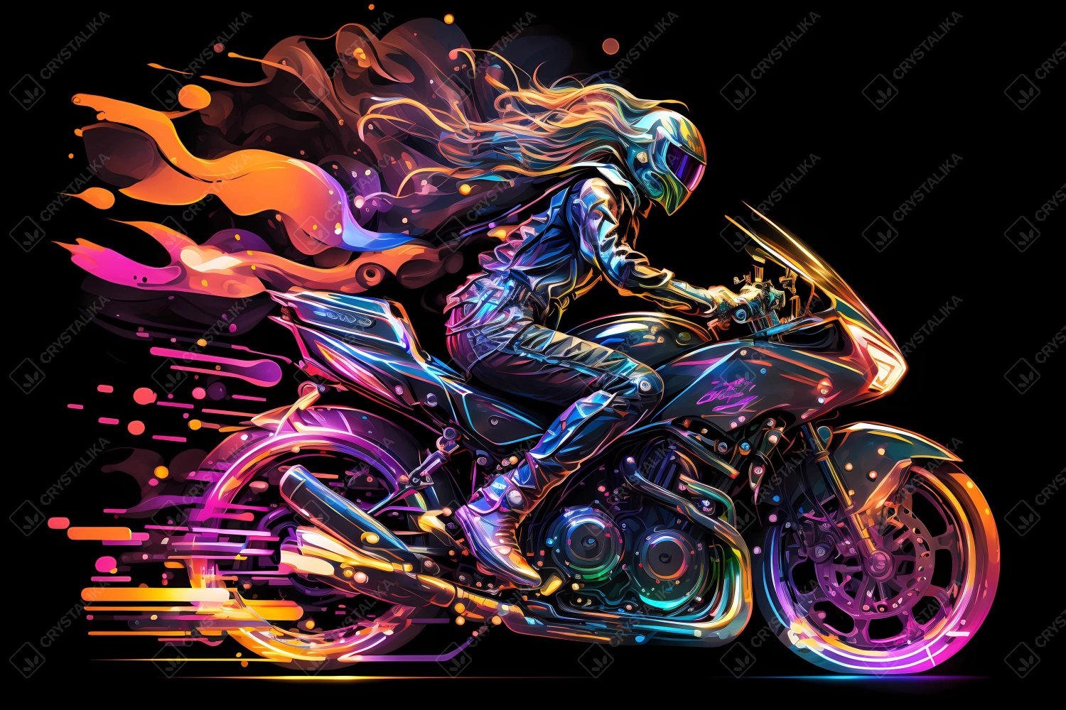 Biker driving fast in flashy vivid watercolors