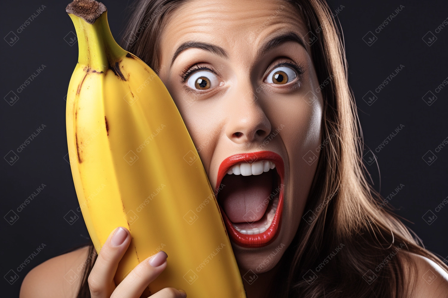 Surprised young sexy woman making fun with a banana