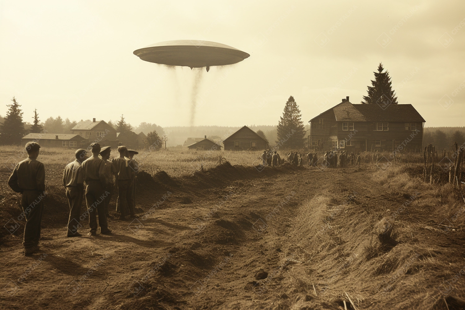 UFO alien saucer hovering above a small country village in 1800s.