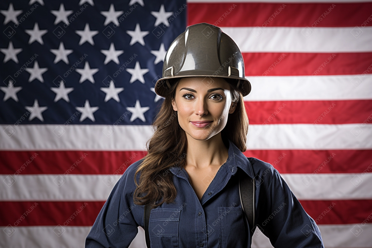 Professional Woman Engineer or Construction Industry Worker Wearing Safety Helmet Standing against USA Flag -