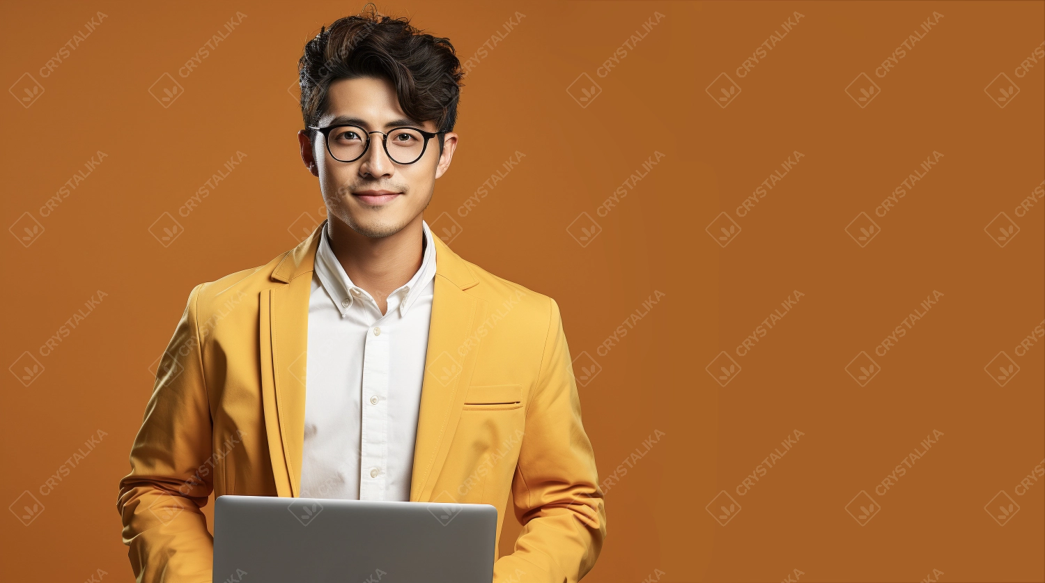 Portrait of young Asian businessman standing and holding laptop computer.