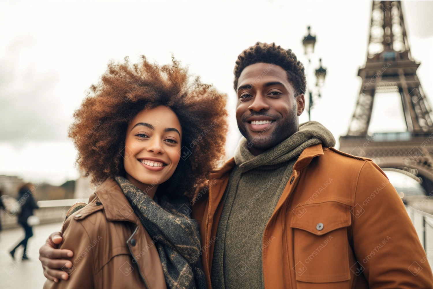 Black cheerful happy couple in love visiting Paris city centre and Eiffel Tower.